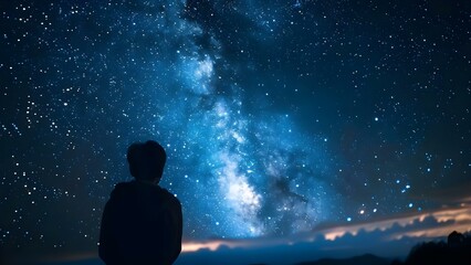A person admires the night sky full of stars in a print. Concept Nature, Night Sky, Stars,...