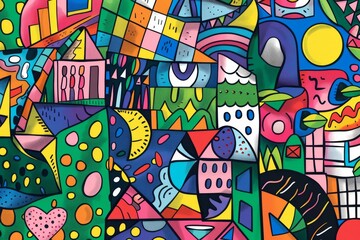 Obraz premium A front cover for a colouring book for toddlers called Shape and Pattern Playground, full of different shapes with various patterns within the shapes