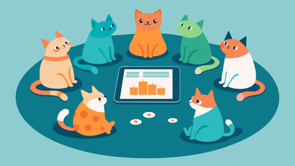 A group of cats sitting in a circle playing a virtual game on a tablet with the caption Even multicat households can benefit from our apps features.. Vector illustration