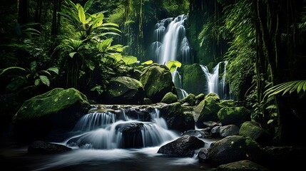 Beautiful waterfall in the rainforest. Panoramic view.