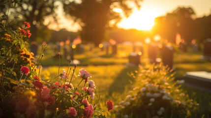 A peaceful cemetery bathed in golden sunset light, creating a serene atmosphere among flowering plants.
