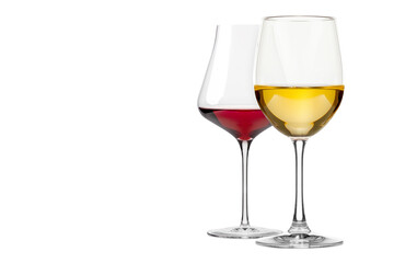 Set of red and white wine glasses isolated on white background. Rose wine splashing in glassware.