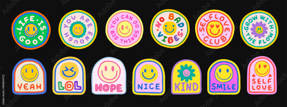 Poster set of cool hand drawn stickers vector design. collection of sketched patches y2k style.