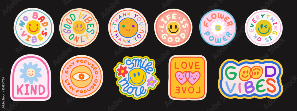 Poster Hand Drawn Groovy Stickers Vector Design. Cool Y2k Doodle Sketched Patches. Set Of Cartoon Badges.