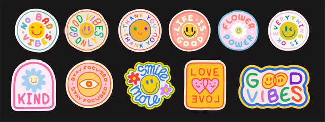 Hand Drawn Groovy Stickers Vector Design. Cool Y2k Doodle Sketched Patches. Set Of Cartoon Badges.