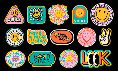 Cool Retro Hand Drawn Stickers Pop Art Style. Set Of Cool Groovy Patches Vector Design.