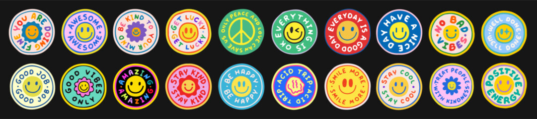 Cool Hand Drawn Groovy Retro Stickers Set. Trendy Y2k Smile Patches Vector Design. Pop Art Print Labels.