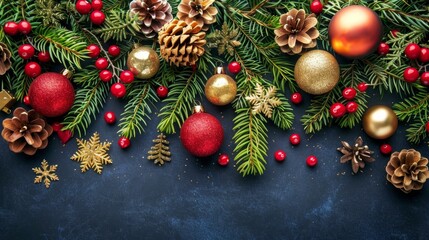 Festive christmas ornaments on blue background with space, holiday and new year decorations