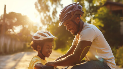 Father teaching his child to ride a bicycle at sunset