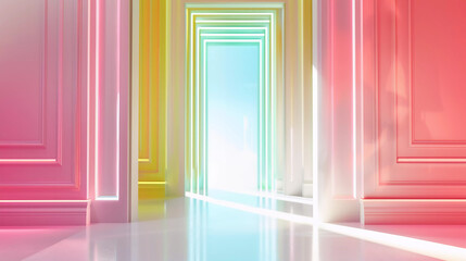 The theme of the door is European style with neon lights on the white wall and a dreamy background