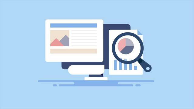 Website information report document, analytics graph web traffic conversion chart diagram software tool on pc screen, animated video.