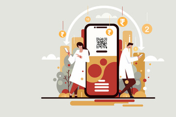 Illustration of two people transacting  Indian Rupee through mobile phone