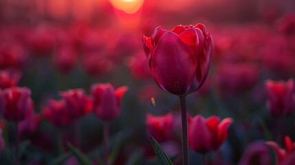 Obraz premium A large field of red tulips with the sun setting behind