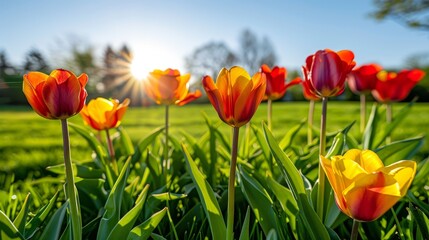   A red and yellow tulip field with sun filtering through the trees behind