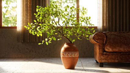 A small, sunny room with beautiful plants growing in earthenware vases.