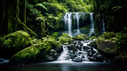 Beautiful waterfall in the forest. Panoramic view of a waterfall.