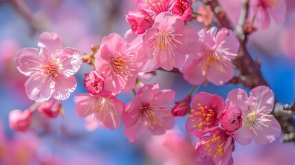   A close-up of pink flowers on a tree branch against a blue sky background