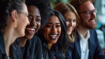 close-up of diverse team of executives talking among in modern office, happy faces. generative AI