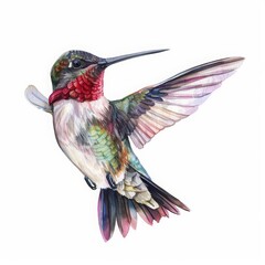 Obraz premium A tiny watercolor of a hummingbird in midhover, its wings a blur of motion on an isolated white background