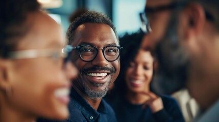 Obraz premium close-up of diverse team of executives talking among in modern office, happy faces. generative AI
