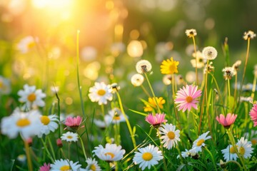 Landscape of a summer wildflower meadow, with black-eyed susans, milled, and other blooms, Michigan, USA. Beautiful simple AI generated image in 4K, unique.