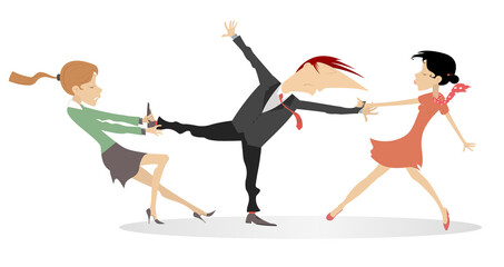 Trouble in love. Two women cannot share a man between them.
Two young women pull the man by hand and leg in different directions. Love couple quarrel and fighting. Love concept illustration
