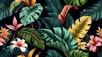 Tropical exotic colorful banana leaves and palm leaves seamless pattern, glamorous night dark background design, hand-drawn style fabric vintage illustration