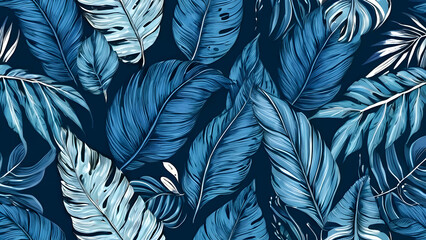 Tropical exotic blue leaves seamless pattern, glamorous digital art background design, hand drawn style fabric vintage illustration