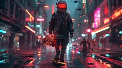 A masked hacker in sleek cyber gear, evading drones on a hoverboard, holding a holographic bag of digital coins, neon reflections on wet streets