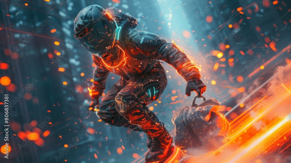 Poster Stealthy cyber rogue in a light-up jacket, escaping on a hoverboard with a holographic bag of digital coins, glowing data streams surrounding