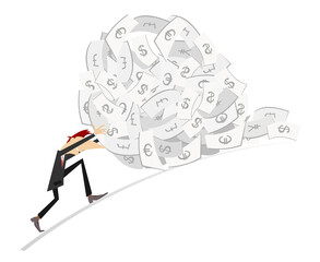 Success in business. Gambling. Lottery. 
Happy businessman rolls up a big pile of money. Business concept illustration
