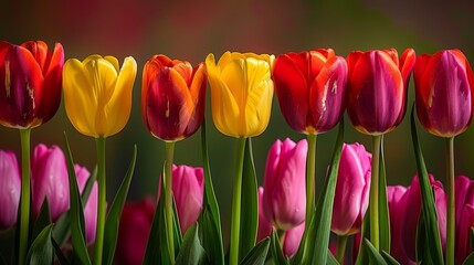   Multicolored tulips with green stems in the foreground, red, yellow, and pink tulips forming a row in the background