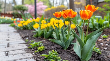   A group of tulips, orange and yellow, blooms in a flower bed Brick walkway borders the garden scene