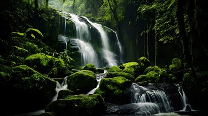 Panoramic view of a beautiful waterfall in a green forest.