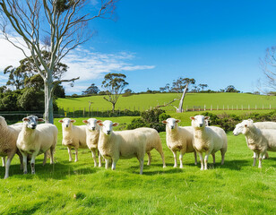 Fototapeta premium Sheep in farm paddock with green grass and blue sky