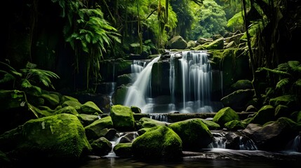 Panoramic view of beautiful waterfall in deep tropical forest. Nature background