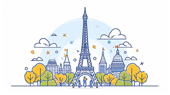 blue line art eiffel tower and city clip art preview