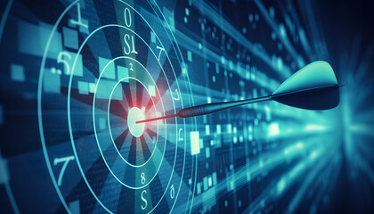 Fototapeta premium Dart hitting middle of bullseye target blue neon polygon lines