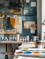 Creative workspace setup with a variety of paint color swatches and modern furniture.