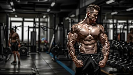 Naklejka premium Men with muscular physiques exercising in the gym: D bodybuilding background. Concept Bodybuilding, Gym Workouts, Athletic Training, Muscle Growth, Fitness Lifestyle