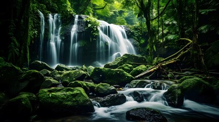 Panorama of a beautiful waterfall in the forest. Long exposure.