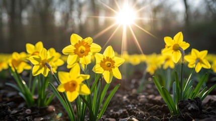 Obraz premium A field filled with yellow daffodils Sun shines through the background trees