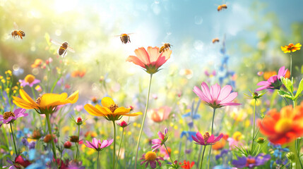 Fototapeta premium Bees flying over colorful wildflowers in a sunny meadow