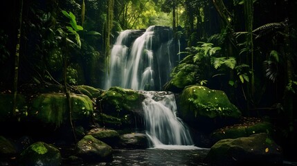Panorama of a waterfall in the rainforest, Borneo, Malaysia