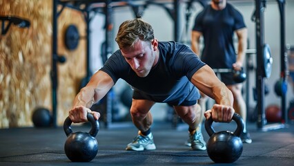 Man lifts kettlebells in CrossFit gym for functional fitness and strength training. Concept...