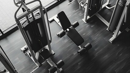 Black and white gym equipment image with copy space top view. Concept Gym Equipment, Black and White, Top View, Copy Space, Fitness