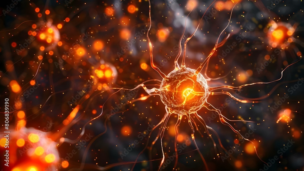 Poster exploring neuron cells in a neural network for neuro research. concept neuron cells, neural network,