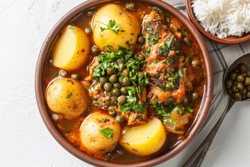 Colombian Ajiaco with chicken, three types of potatoes, and capers