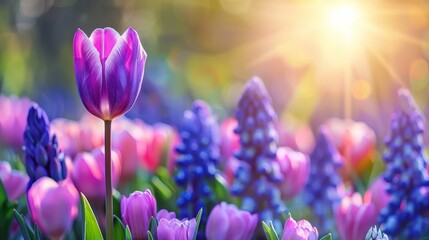   A field filled with purple and pink tulips, sunlight filtering through the trees behind