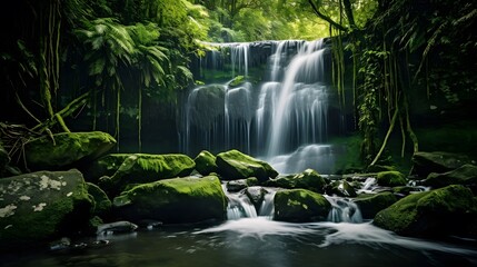 Panorama of beautiful waterfall in the green forest. Long exposure.